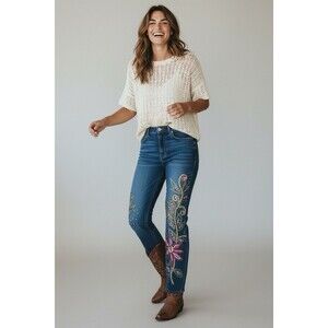 Womens 10 P Petite Embroidered Beaded Floral Dark Wash Boho Y2K Coquette Retro